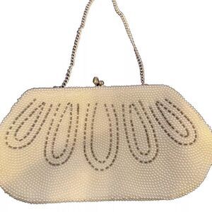 Vintage 50s Beaded Evening Purse Bag Clutch White Seed Pearls Hand Made in Japan